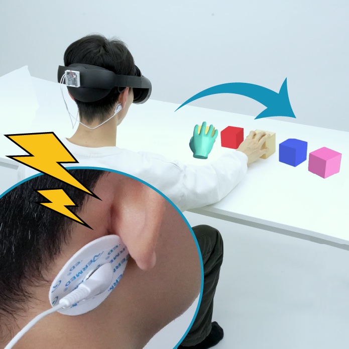 VRヘッドセットと耳の後ろの電極を用いた、前庭電気刺激によるハンドリダイレクションの実験